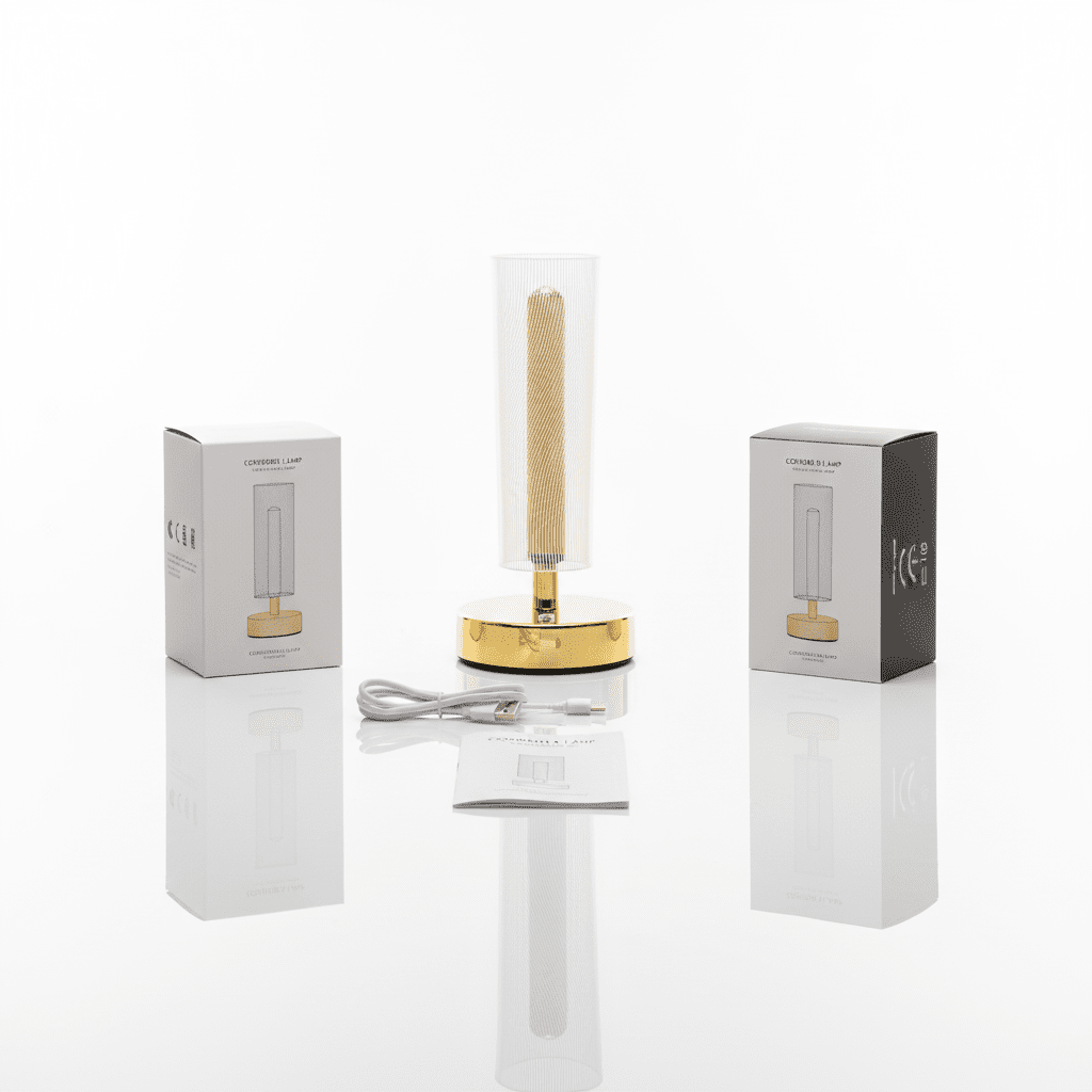 Cordless LED Table Lamp - Rechargeable Portable Light | Gold Brass & Ribbed Glass | Restaurant & Home - Elneor Ambient Lighting