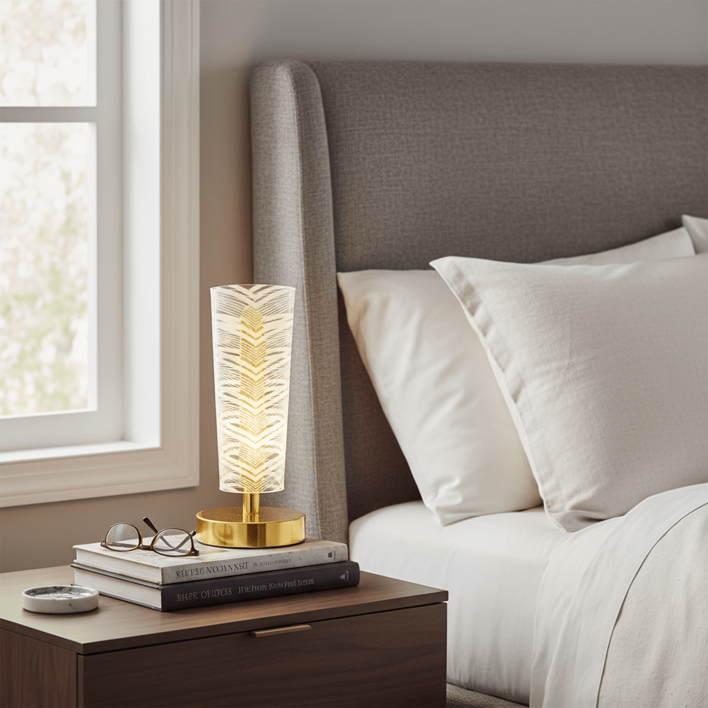 Geometric Chevron Table Lamp - White & Gold Decorative Bedside Light - ELNEOR