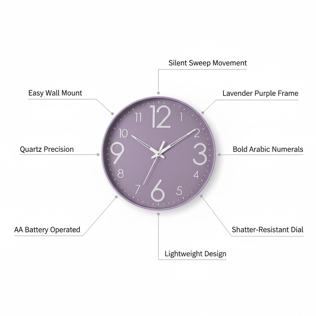 ELNEOR™ Lavender Silent Wall Clock | Sweep Movement | 12-Inch Round