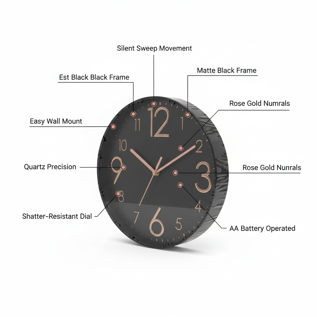 ELNEOR™ Black Rose Gold Silent Wall Clock | Sweep Movement | 12-Inch Round