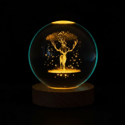 ELNEOR 3D Crystal Ball Night Light | Golden Deer & Cosmic Tree | Warm LED Wooden Base