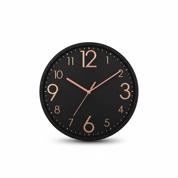 ELNEOR™ Black Rose Gold Silent Wall Clock | Sweep Movement | 12-Inch Round