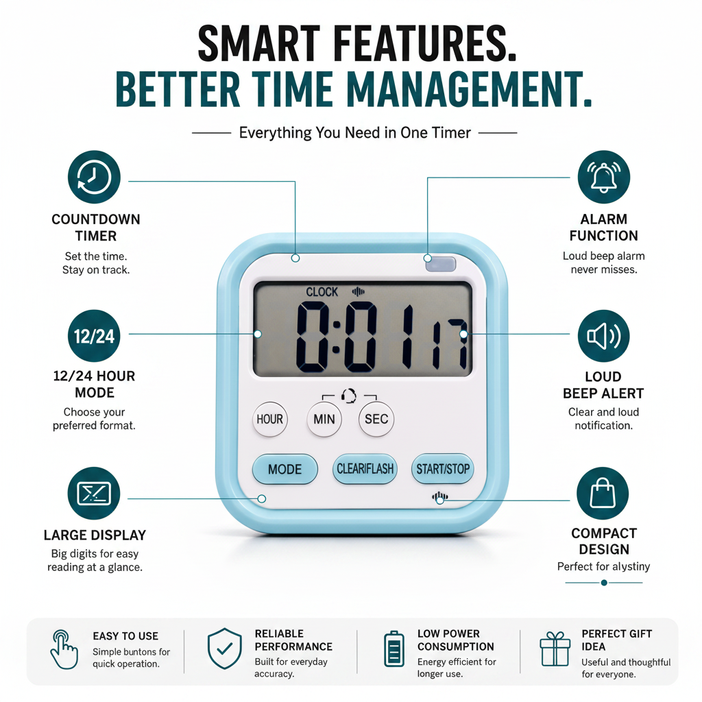 ELNEOR Digital Timer Clock feature infographic callouts