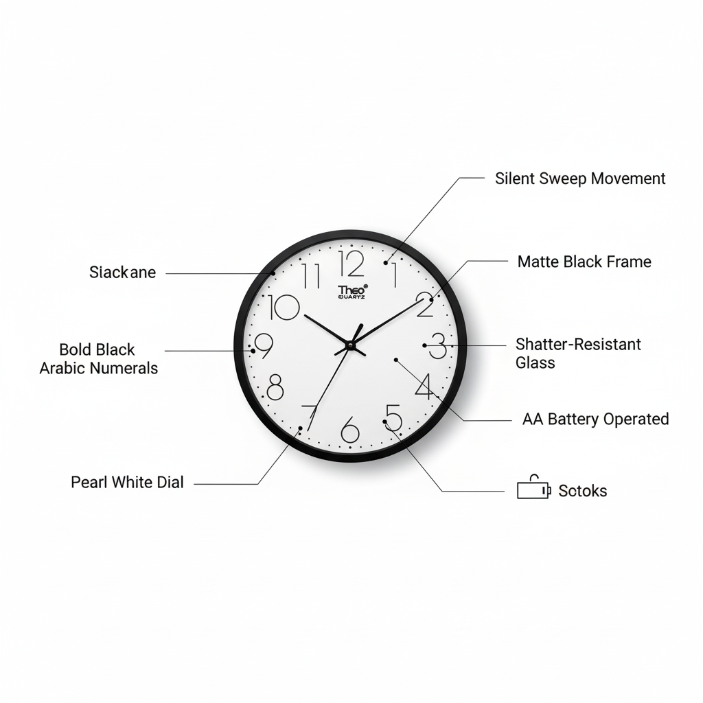 ELNEOR™ Pearl White Silent Wall Clock | Black Frame | Sweep Movement | 12-Inch Round