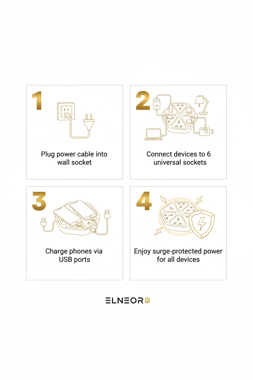 ELNEOR™ USB Hexagon Socket | 6 Universal Sockets + 2 USB Ports | Surge Protected | Extension Board for Home & Office