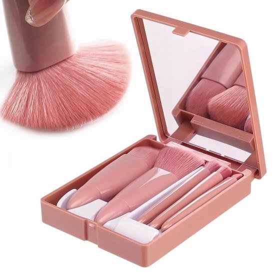 Premium Mini Makeup Brush Set – 5-Piece Travel Kit with Mirror - Elneor Care