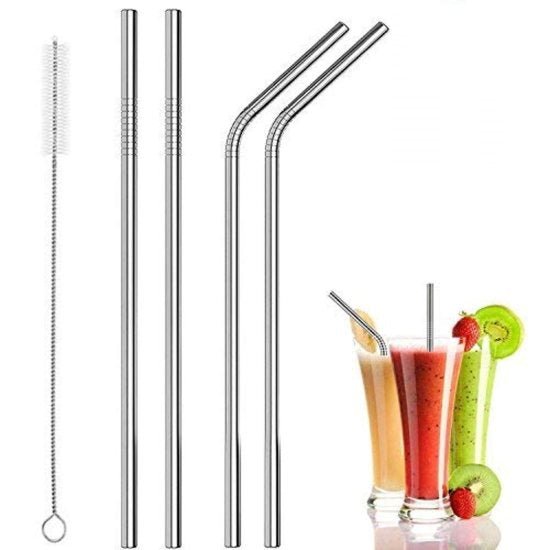 Reusable 304 Stainless Steel Straw Set (Silver, Set of 2 Pack) – Per Pack of 5 with Cleaning Brush Eco-Friendly | Durable | Travel-Friendly - Elneor Kitchen
