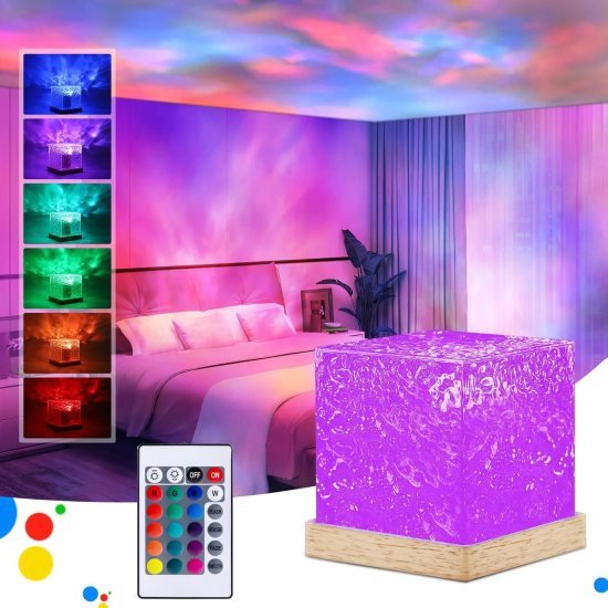 Romantic Ocean Wave Projector Night Light | 3D Crystal Cube LED Lamp with Remote Control - Elneor Ambient Lighting