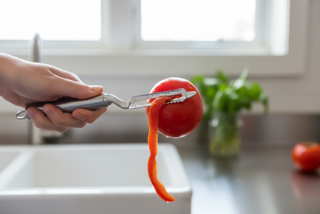 Serrated peeler on tomato