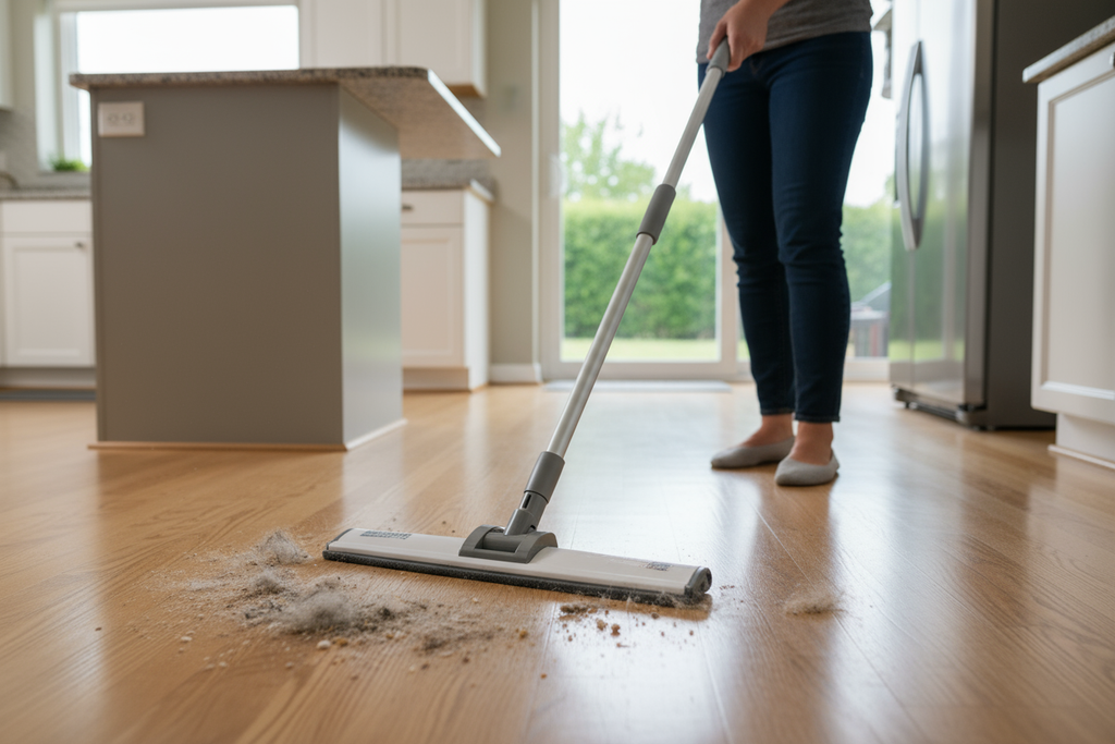 Sweeping pet hair from kitchen floor