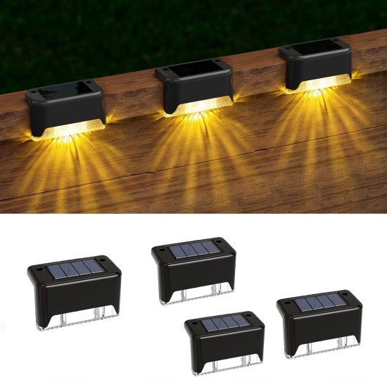 Waterproof LED Solar Step Fence Lights | Warm Yellow Outdoor Lighting (Pack of 4, Black) - Elneor Ambient Lighting